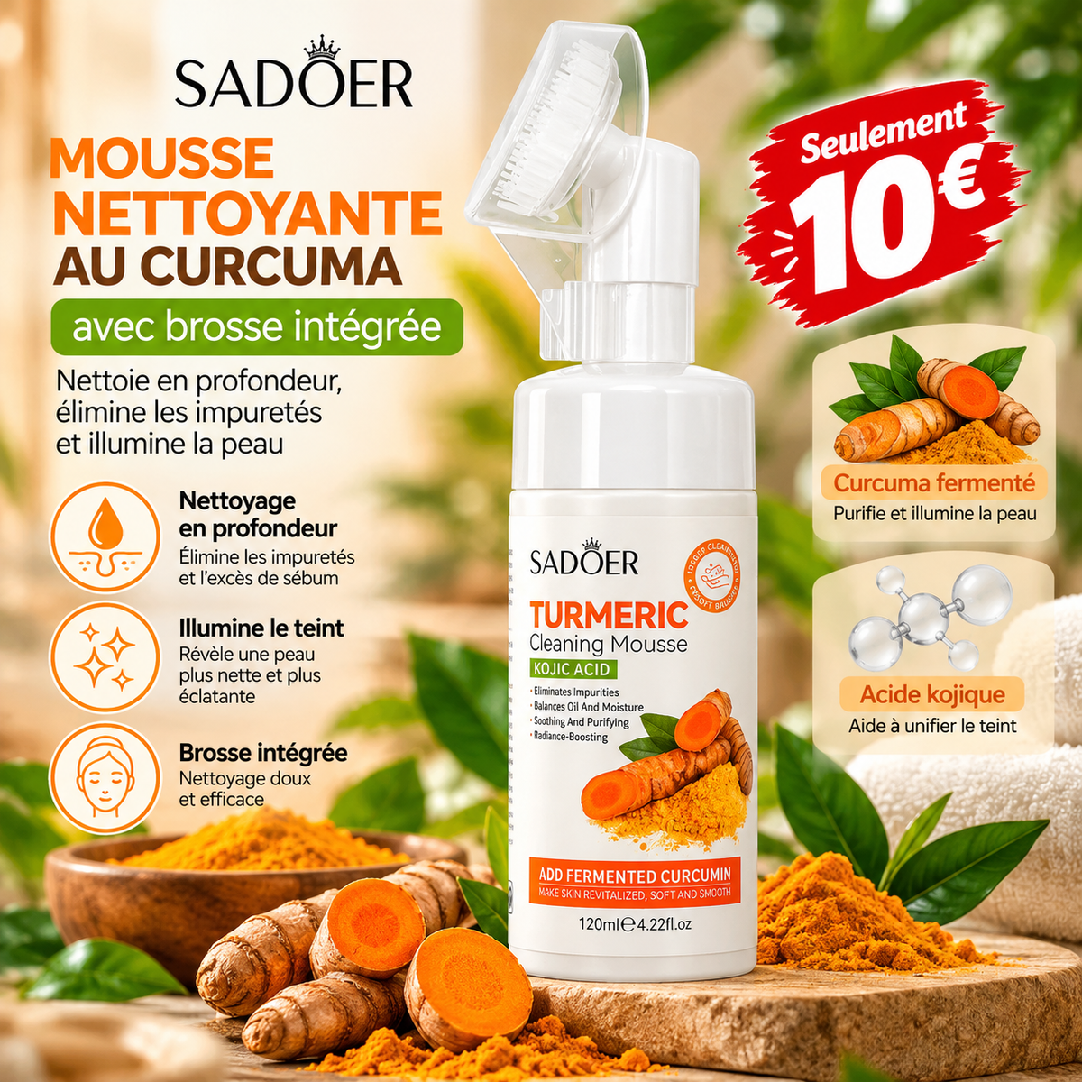 Mousse nettoyante au curcuma avec brosse intégrer